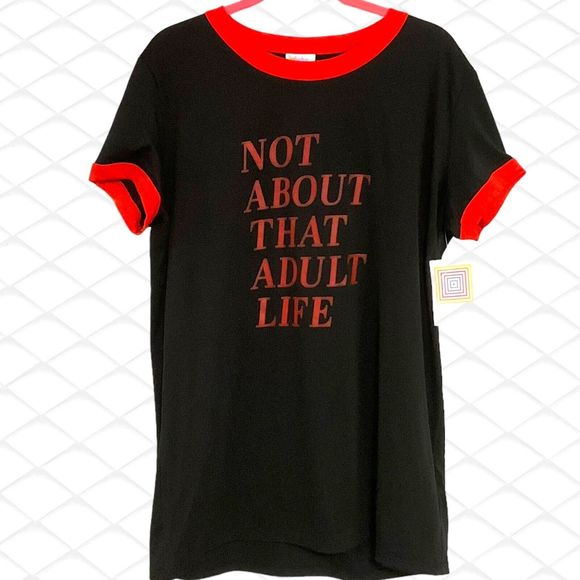 LuLaRoe Sz Large Liv Shirt NOT ABOUT THAT ADULT LIFE Black Orange New with Tags - Picture 11 of 11